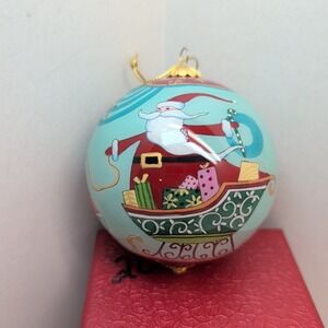 Pier 1 Li Bien 2011 Santa Sleigh Reindeer Hand Painted Glass Christmas Ornament